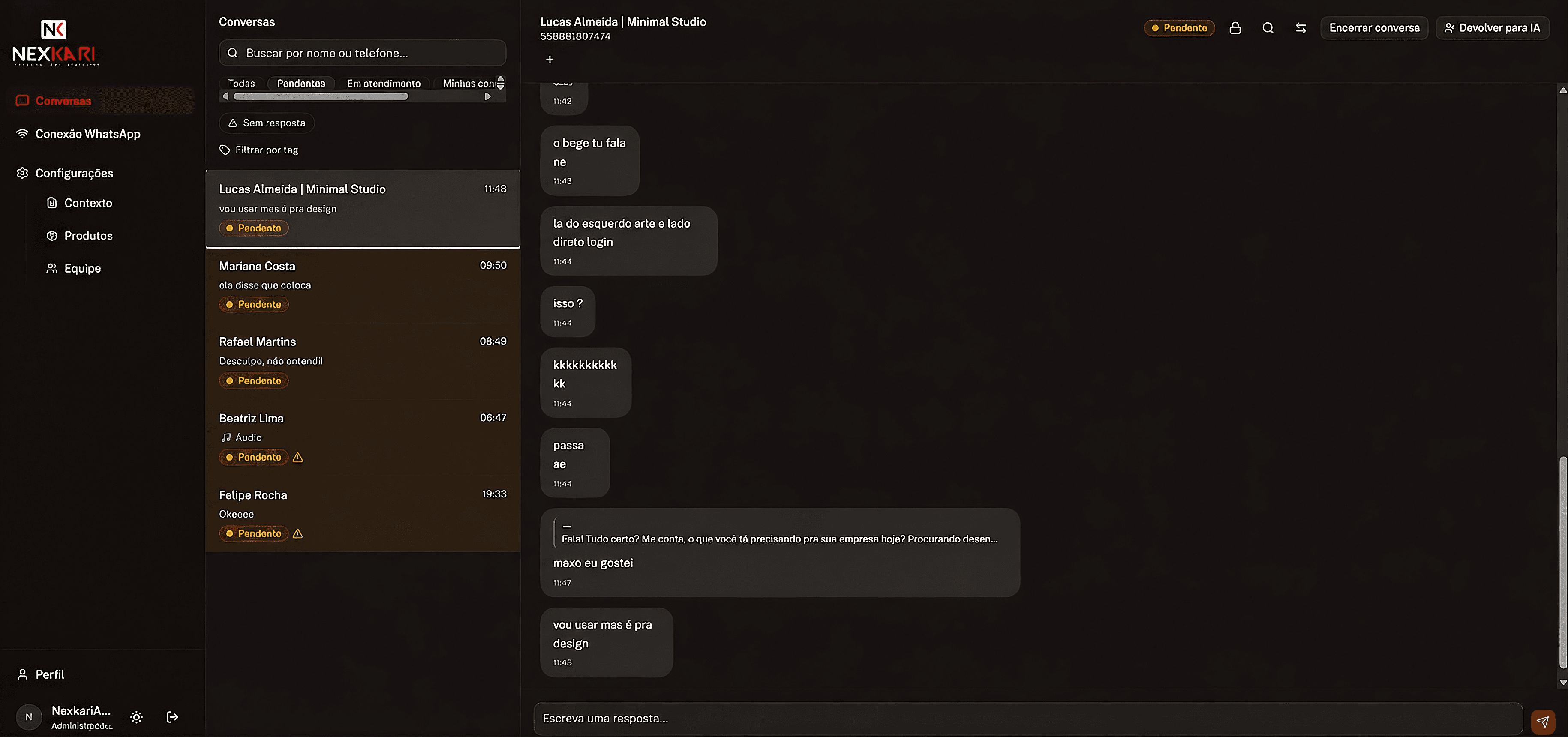 Painel NKzap com a lista de conversas do WhatsApp
